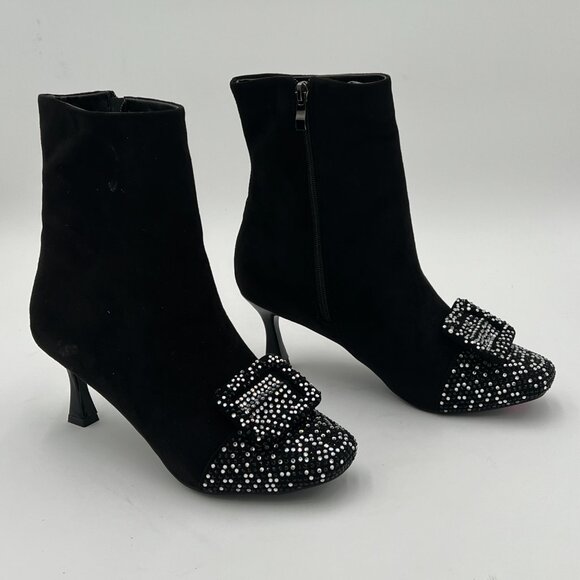 XYD Black Bling Rhinestones Buckle Mid Heel Ankle Bootie Square Toe Fashion Shoe - Picture 3 of 6